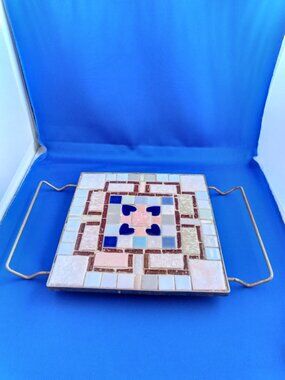 Vintage mid century tile mosaic trivet in wire frame 1960s handmade